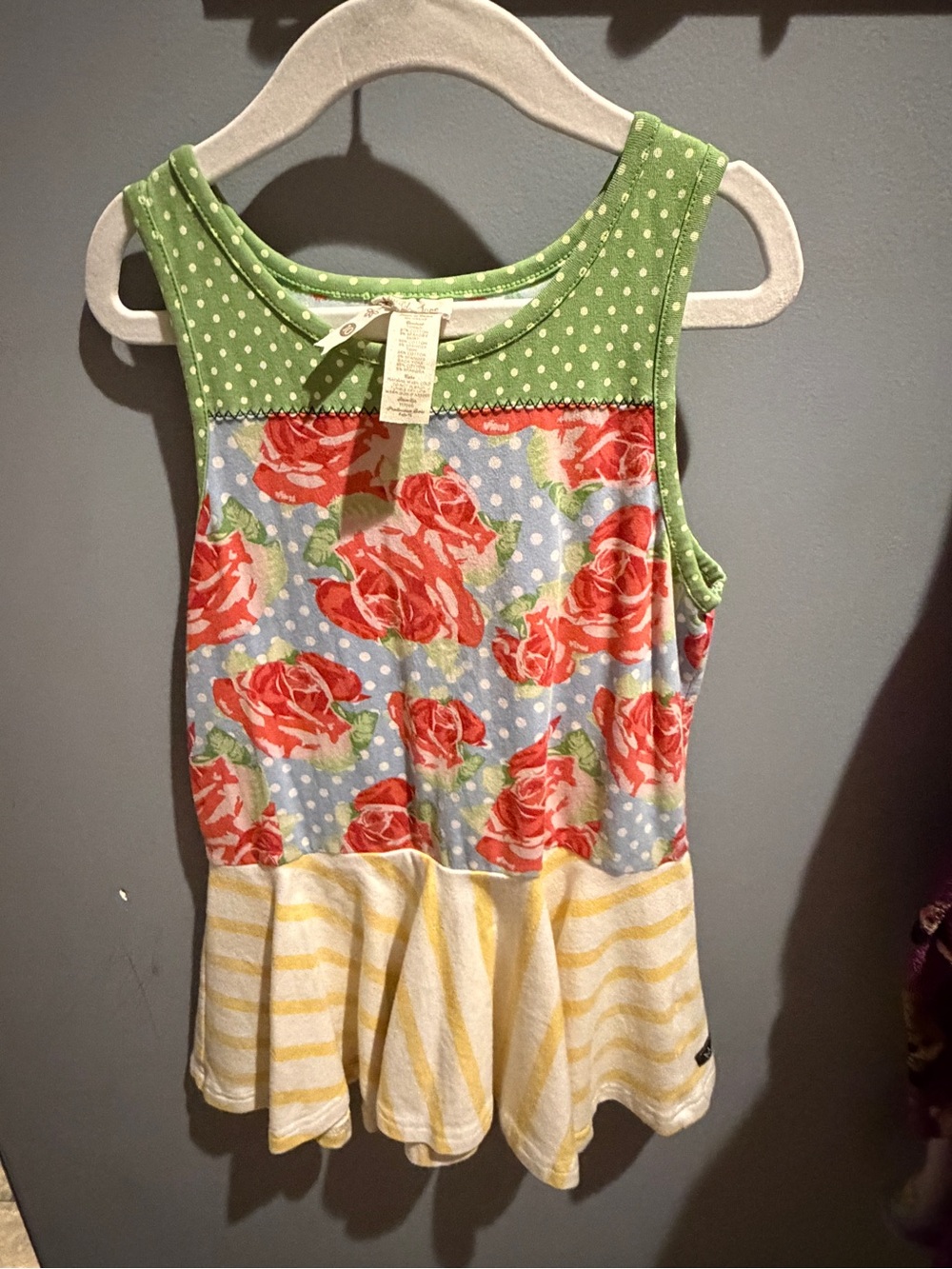 Matilda Jane Green Polka Dot & Red Rose Peplum Tank with Yellow Stripe